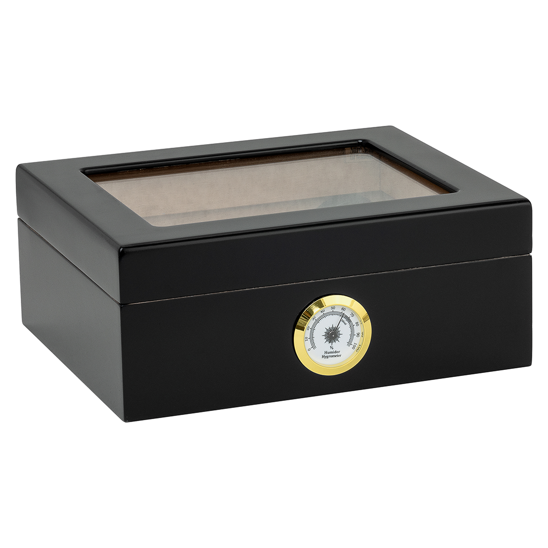 Humidor Supreme Capri Black Glasstop Humidor 25 Cigar Capacity with 2 Xikar-Boveda 84% Seasoning Packs