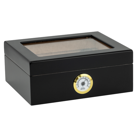 Humidor Supreme Capri Black Glasstop Humidor 25 Cigar Capacity with 2 Xikar-Boveda 84% Seasoning Packs