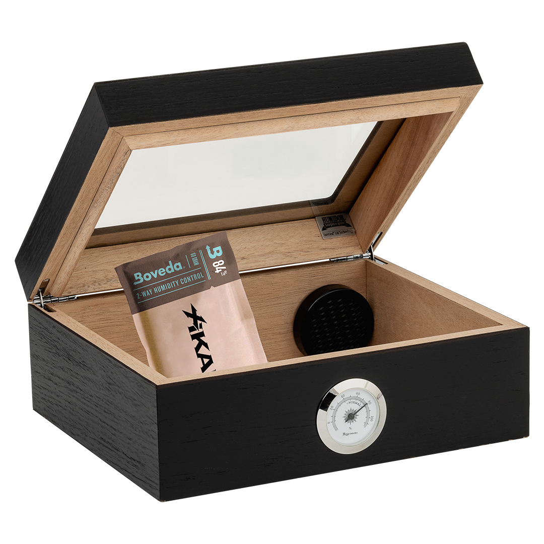 Humidor Supreme Capri Glasstop Humidor in Black Oak 25 Cigar Capacity with 2 Xikar-Boveda 84% Seasoning Packs