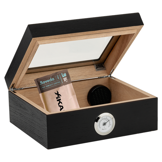Humidor Supreme Capri Glasstop Humidor in Black Oak 25 Cigar Capacity with 2 Xikar-Boveda 84% Seasoning Packs