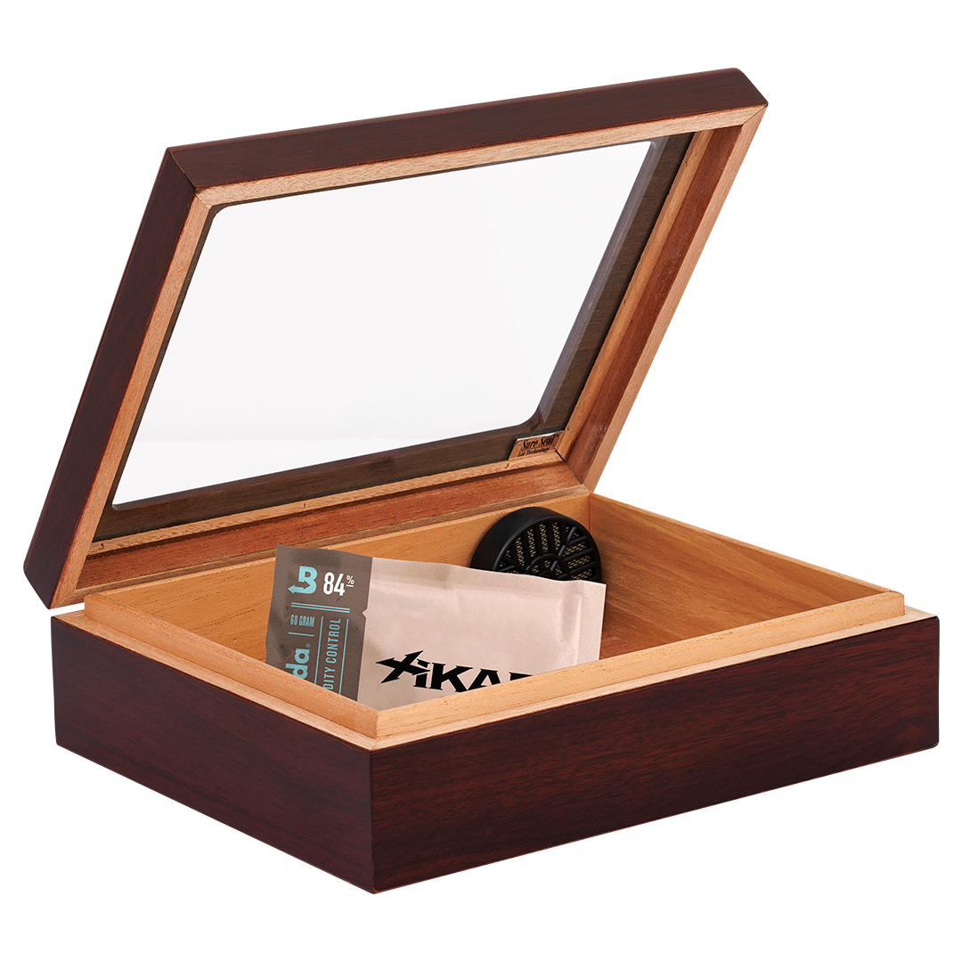 Humidor Supreme Cherry Travel Glasstop Humidor 20 Cigar Capacity with 2 Xikar-Boveda 84% Seasoning Packs