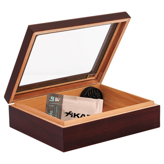 Humidor Supreme Cherry Travel Glasstop Humidor 20 Cigar Capacity with 2 Xikar-Boveda 84% Seasoning Packs