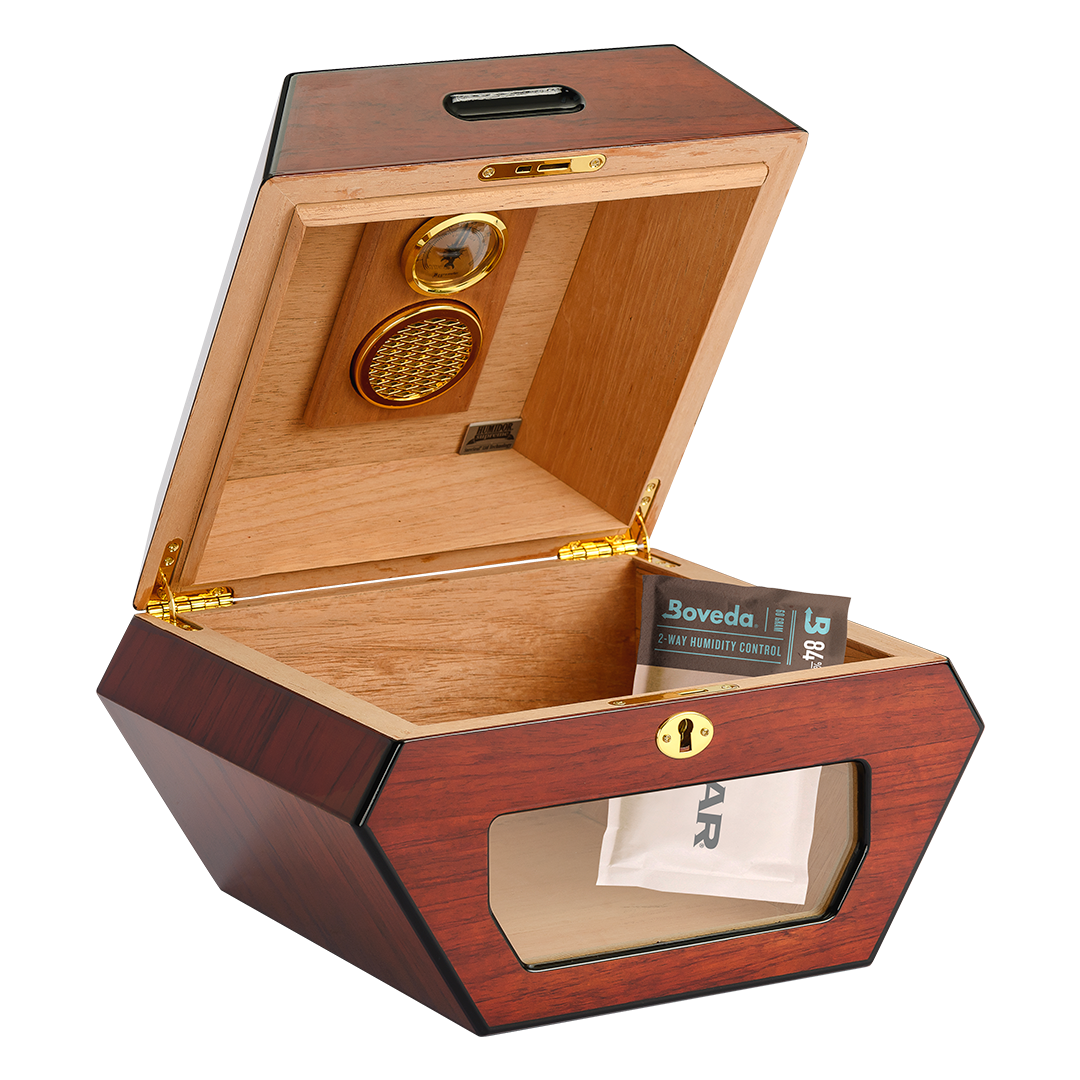 Humidor Supreme Cuban Wheel High Lacquer Rosewood Humidor with Tempered Glass Window 50 Cigar Capacity with 2 Xikar-Boveda 84% Seasoning Packs - view 2