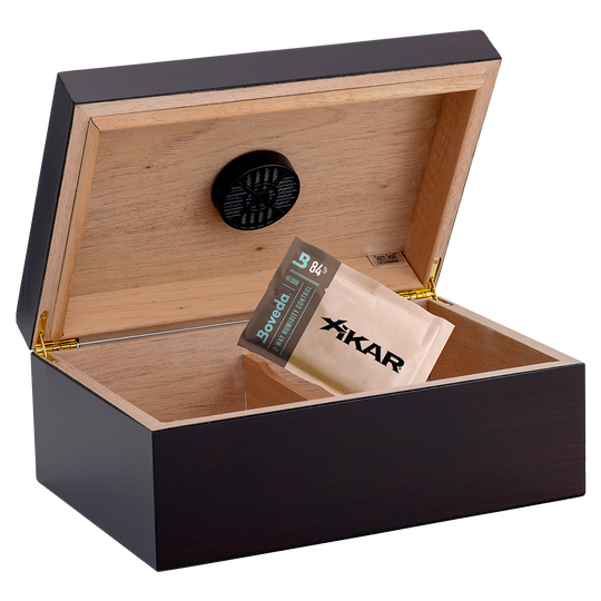 Humidor Supreme Forte Red Walnut Humidor 50-85 Cigar Capacity with 3 Xikar-Boveda 84% Seasoning Packs