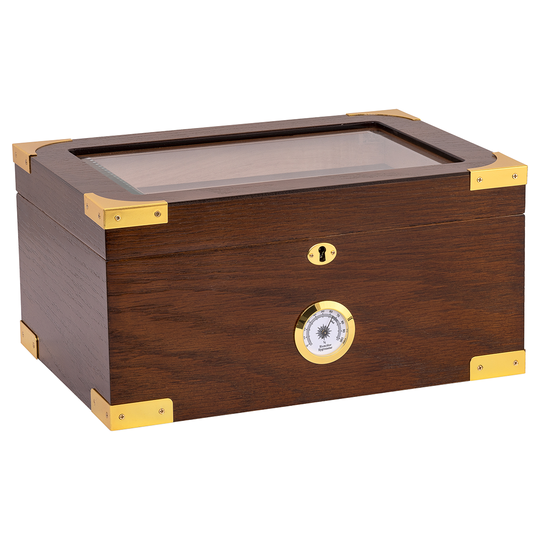 Humidor Supreme Milano Elegant Glasstop Humidor with Gold Corner Accents 75 Cigar Capacity with 4 Xikar-Boveda 84% Seasoning Packs