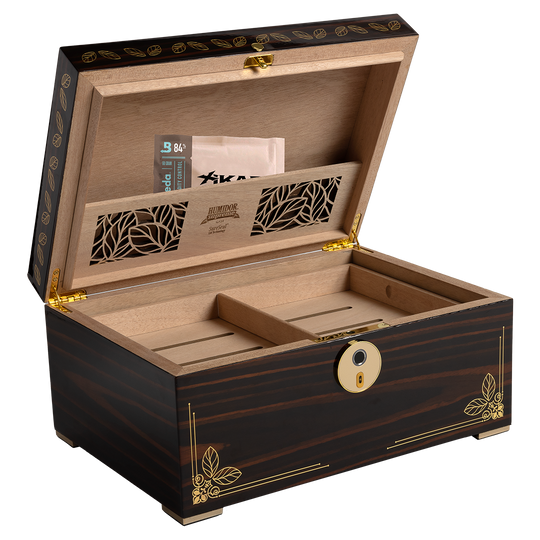 Humidor Supreme Oro Humidor with Biometric Fingerprint Lock in Ebony with Gold Metal Detail 126-240 Cigar Capacity with 8 Xikar-Boveda 84% Seasoning Packs - view 2