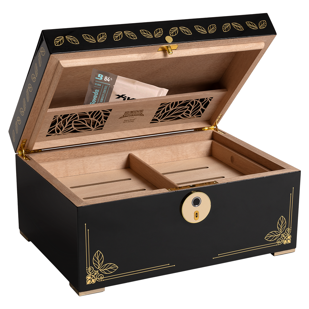 Humidor Supreme Oro Humidor with Biometric Fingerprint Lock in Ebony with Gold Metal Detail 126-240 Cigar Capacity with 8 Xikar-Boveda 84% Seasoning Packs - view 4