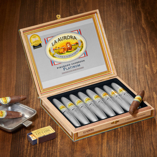 Open box of 8 La Aurora Preferido Platinum Tubo cigars 