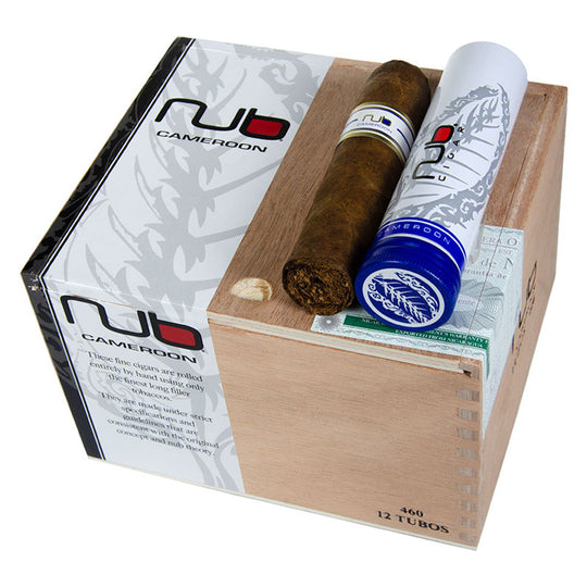 Cigar box with Nub Cameroon cigars and tubes on a white background