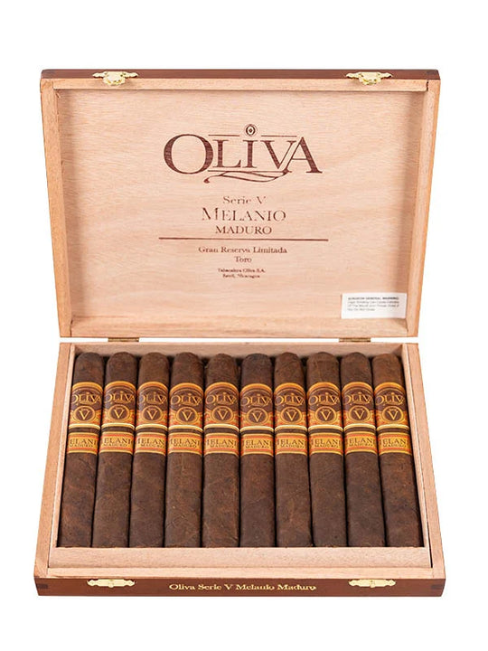 Open wooden box of Oliva cigars on a white background at cigars near me at cigar inc los angeles