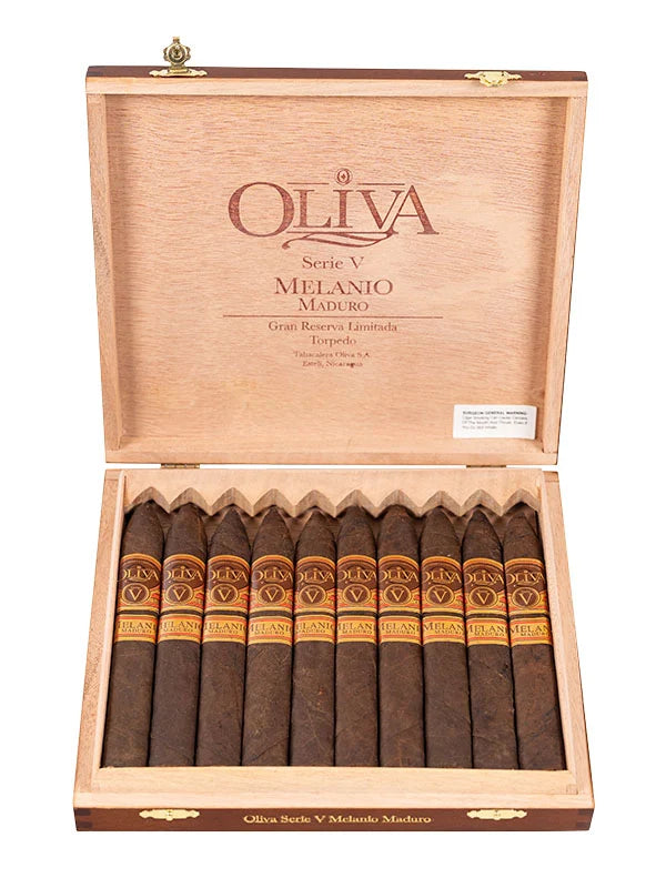 Open wooden box of Oliva V Melanio Maduro cigars with cigars at cigar inc los angeles