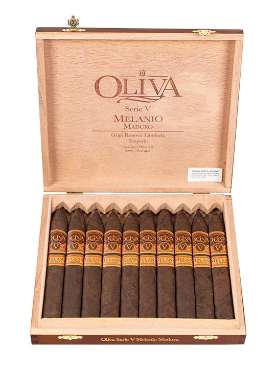 Open wooden box of Oliva V Melanio Maduro cigars with cigars at cigar inc los angeles