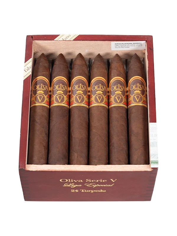 Box of Oliva Serie V Torpedo cigars with cigars inside on a white background at cigars near me los angeles