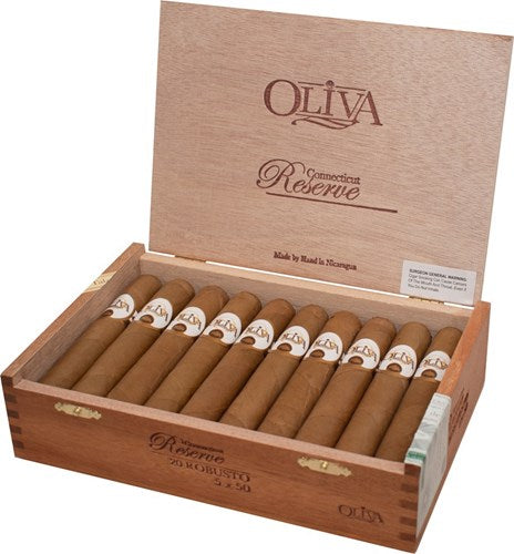 Wooden box of Oliva Connecticut Reserve Robusto cigars on a white background