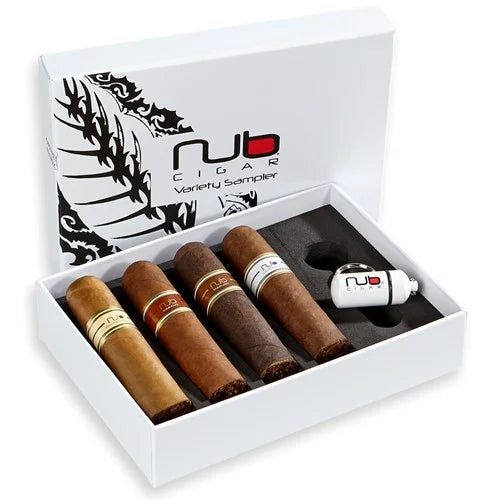 Nub cigar variety sampler set with four cigars and a lighter in a white box.