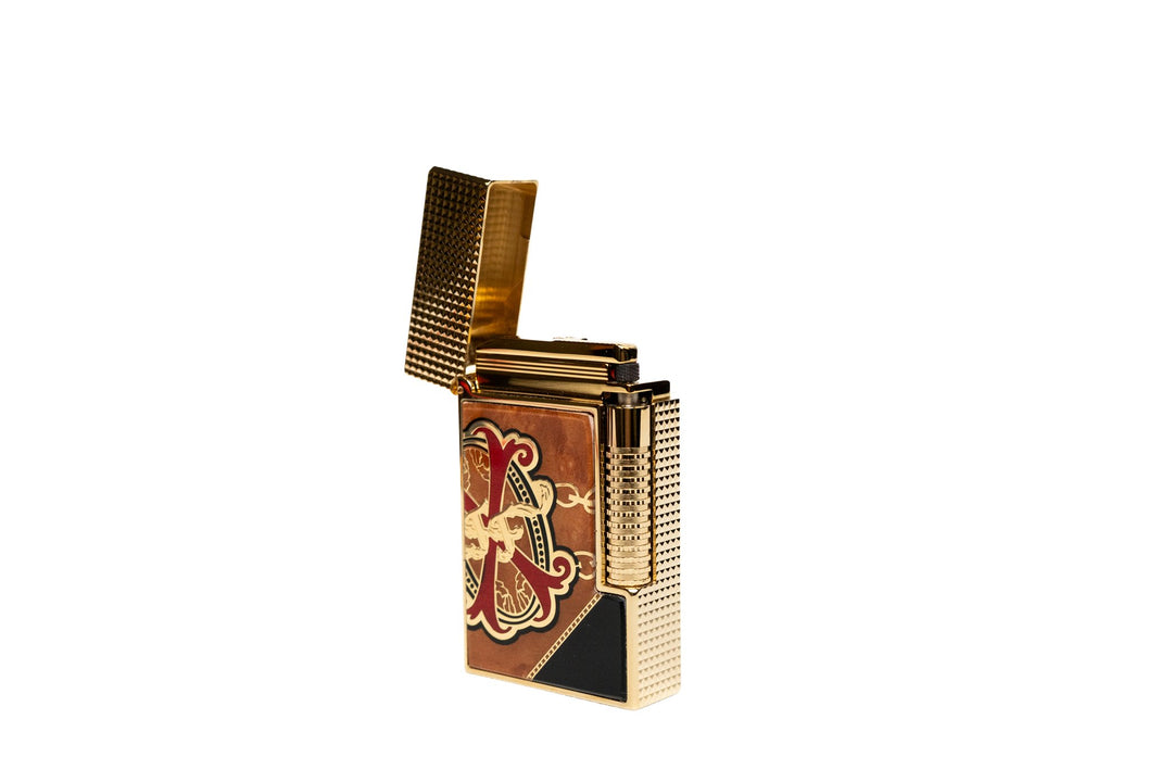 S.T. Dupont OpusX Les Chaines de l'Amour limited edition marquetry lighter in black, cap open, front view
