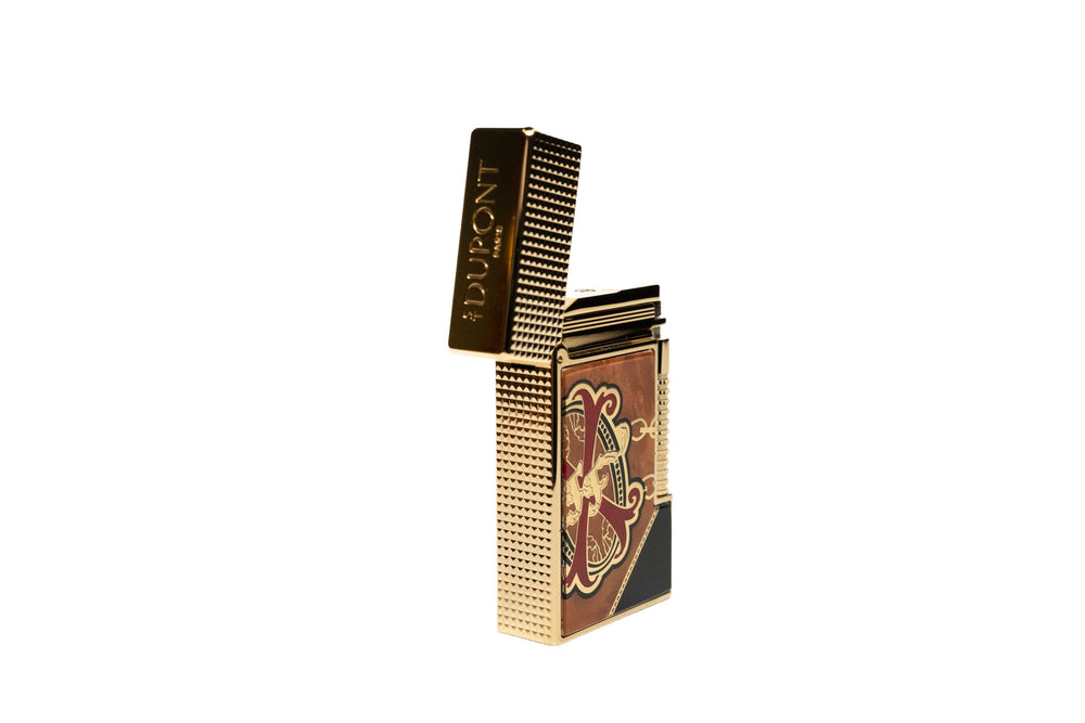 S.T. Dupont OpusX Les Chaines de l'Amour lighter black, angled view showing burl walnut and tulipwood marquetry panel