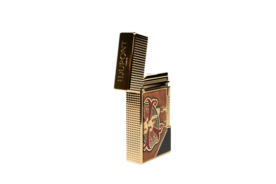 S.T. Dupont OpusX Les Chaines de l'Amour lighter black, angled view showing burl walnut and tulipwood marquetry panel