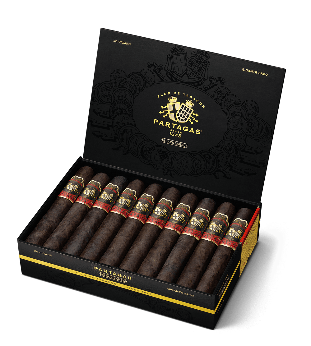 Box of Partagas cigars with visible branding on a white background