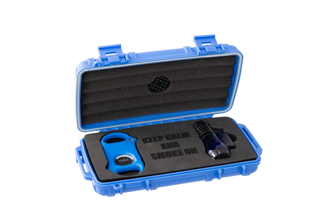 Quality Importers 5 ct Cigar Caddy Gift set with Palio Vesuvio, Blue and Palio Original Cutter, Blue