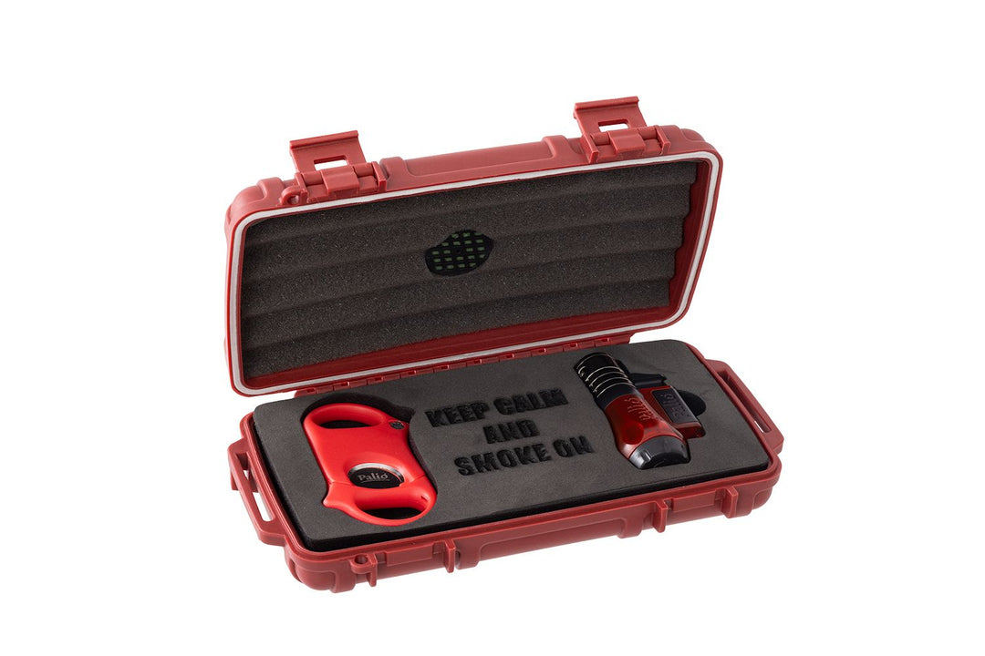 Quality Importers 5 ct Cigar Caddy Gift set with Palio Vesuvio, Red & Palio Original Cutter, Black