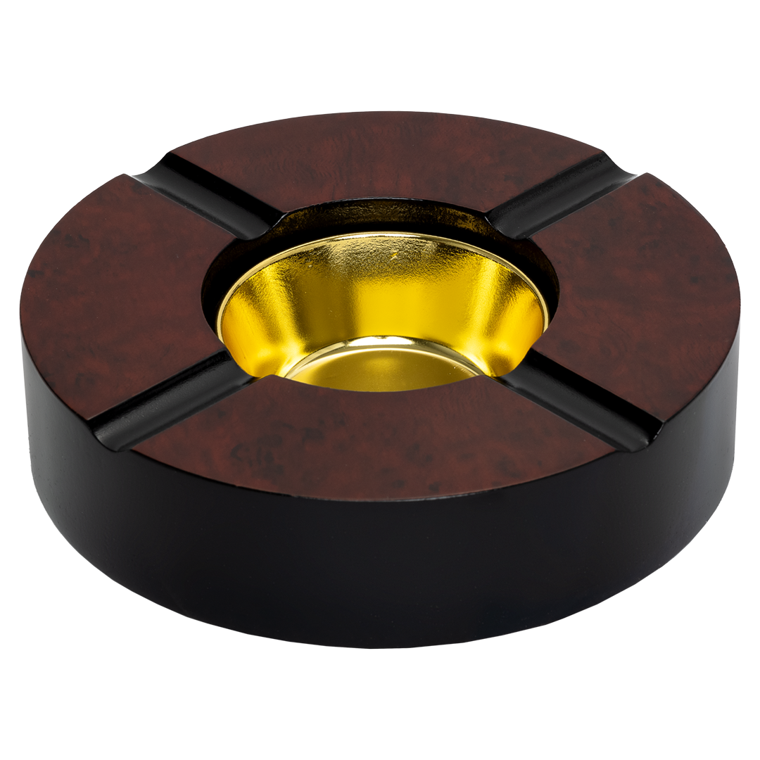 Quality Importers Round Cherry Wood Ashtray with Gold Insert