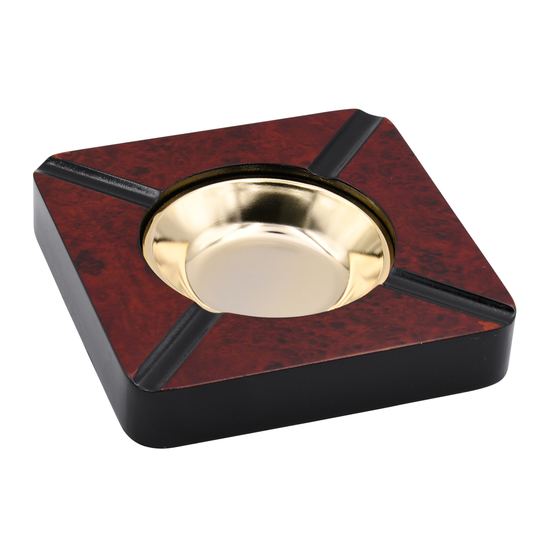 Quality Importers Square Burl Wood Ashtray with Gold Insert