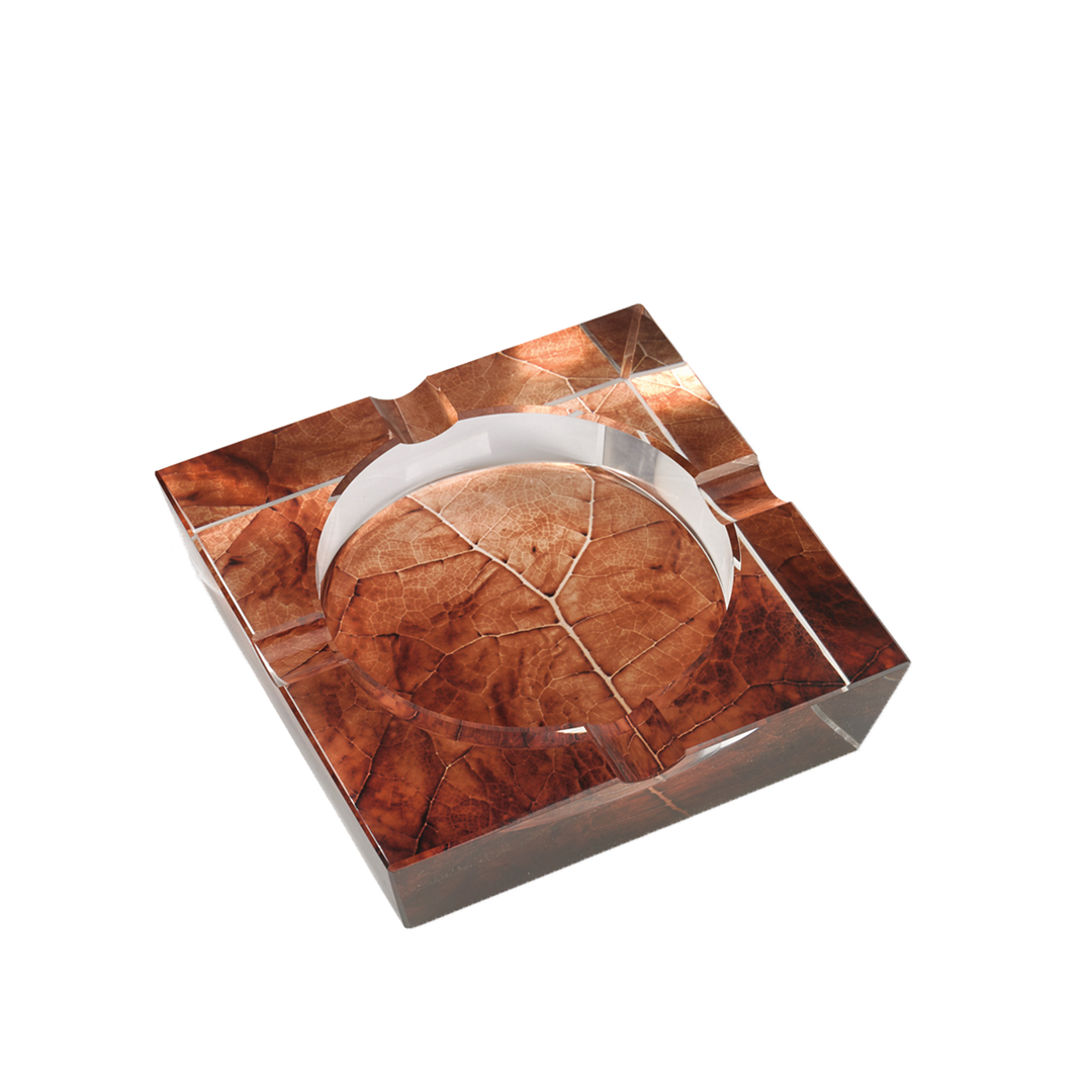 Quality Importers Square Crystal Ashtray with Tobacco Leaf Print