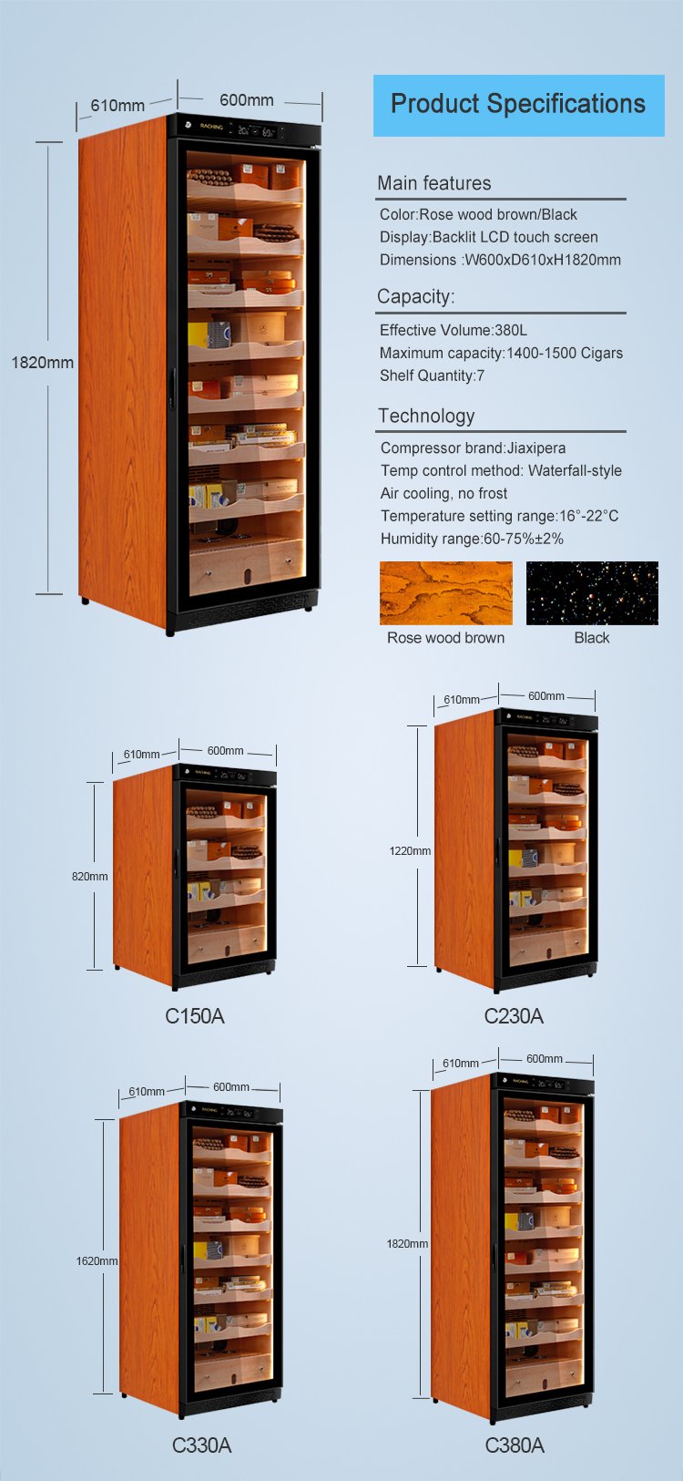 Raching C380A humidor product specifications