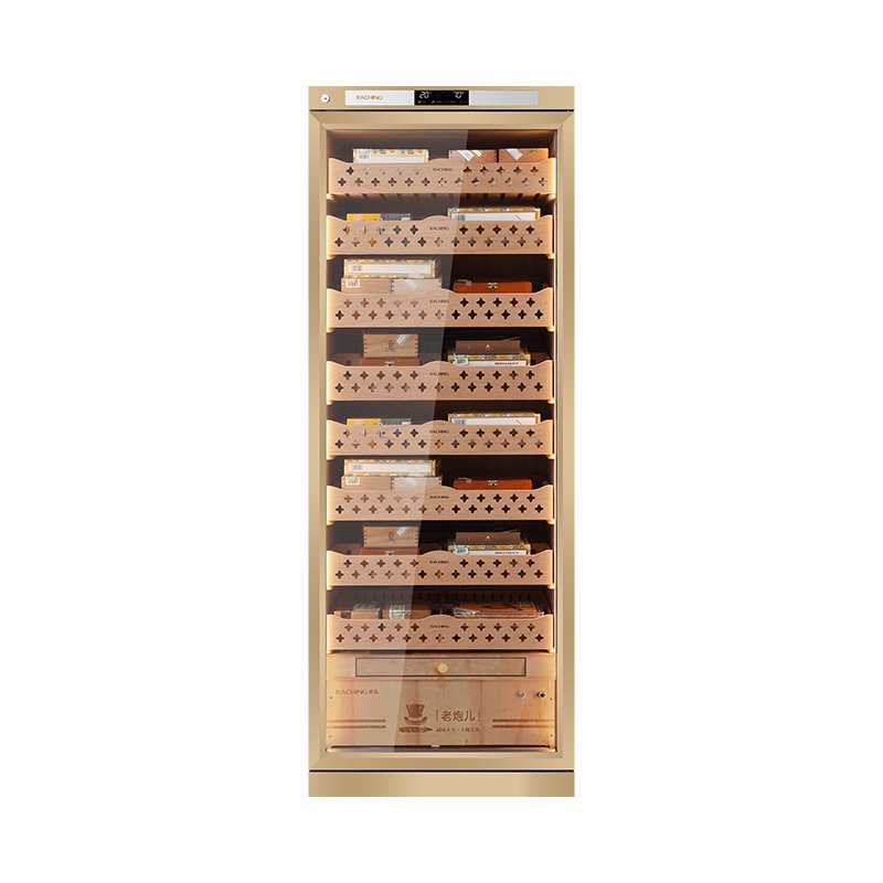 Raching CT48A humidor Champagne Gold angled view with cedar shelves