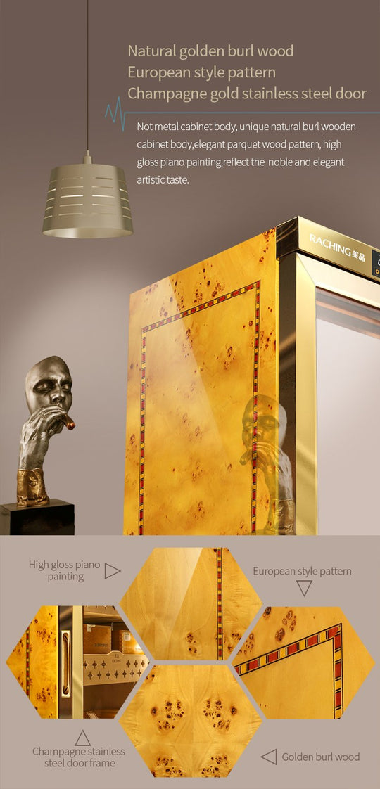 Raching MON1800 natural golden burl wood and champagne gold stainless steel door
