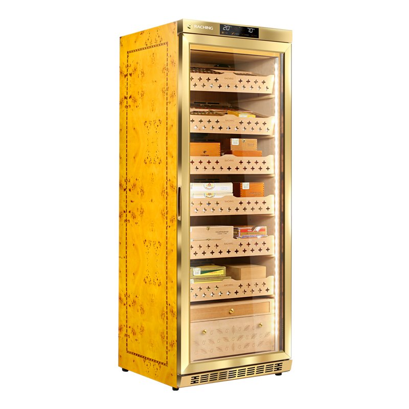 Raching MON2800 humidor Gold angled view with cedar shelves