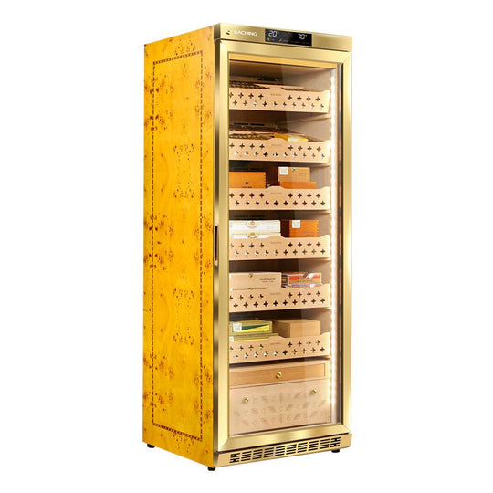 Raching MON2800 humidor Gold angled view with cedar shelves