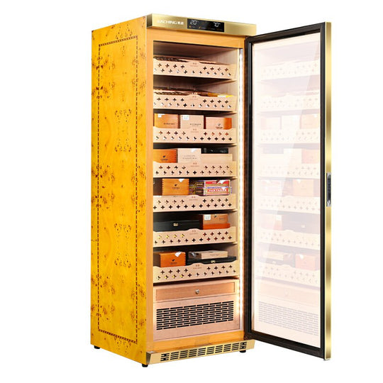 Raching MON3800 humidor Gold with door open showing cedar shelves