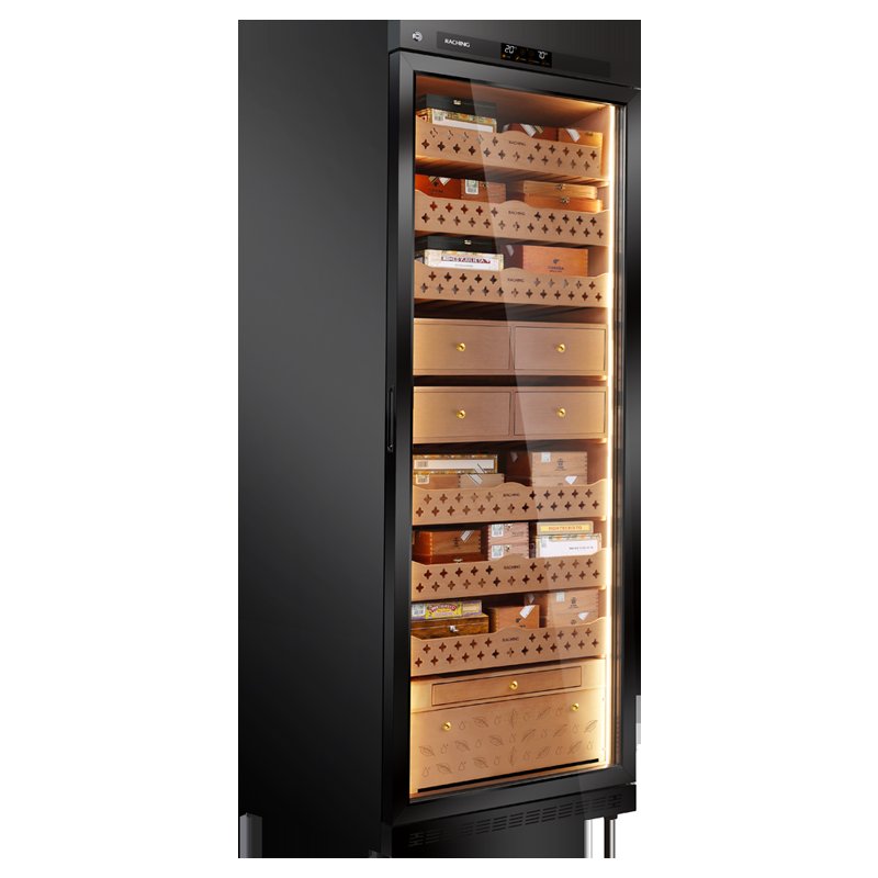 Raching MON5800A humidor Caribbean Black angled view with cedar shelves