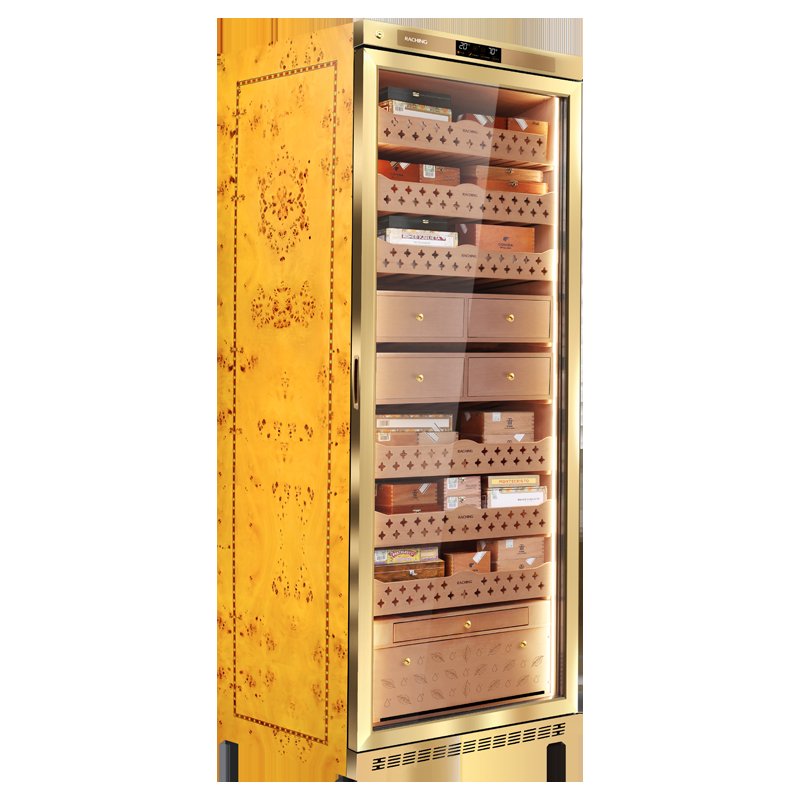 Raching MON5800A humidor Gold angled view with cedar shelves
