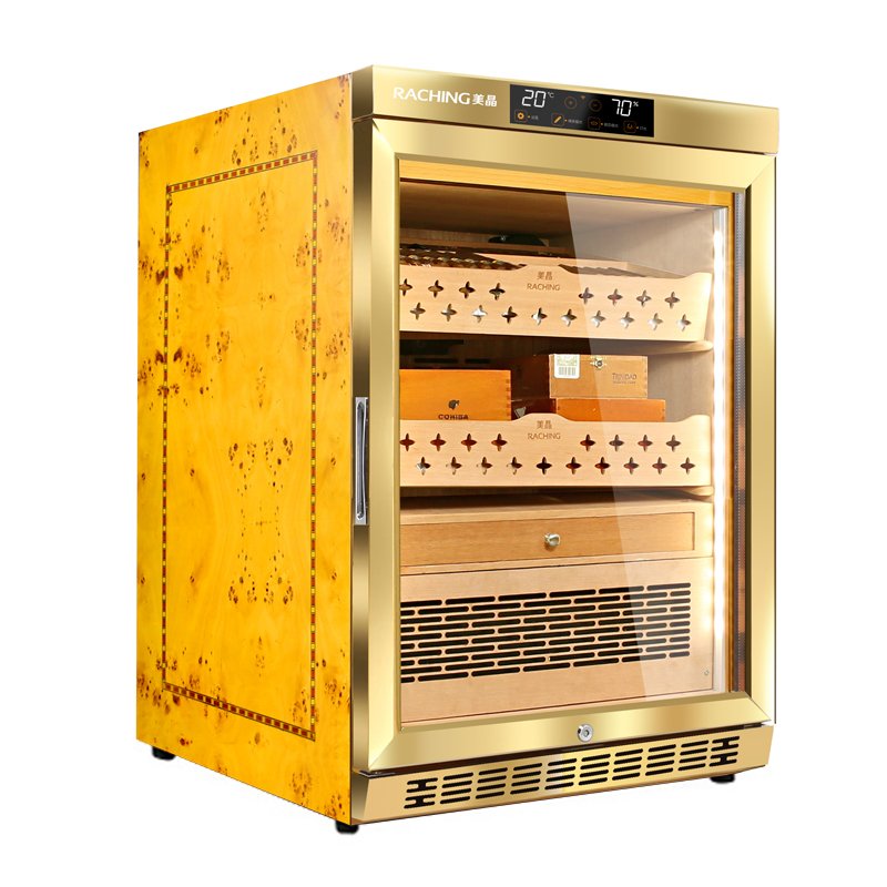 Raching MON800 climate control humidor cabinet in Burl Wood Gold