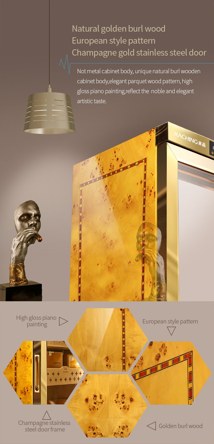 Raching MON800 natural golden burl wood and champagne gold stainless steel door