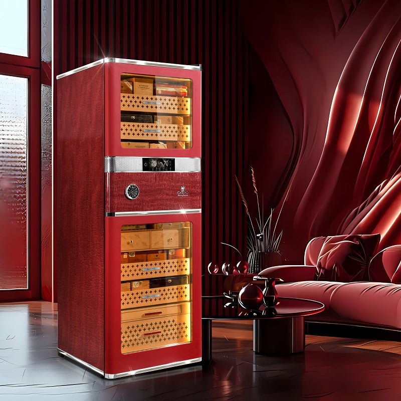 Raching RR980 cigar humidor in San Diego Red, burl wood and leather, at Cigar Inc, Woodland Hills