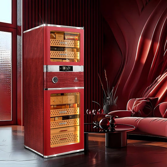 Raching RR980 cigar humidor in San Diego Red, burl wood and leather, at Cigar Inc, Woodland Hills