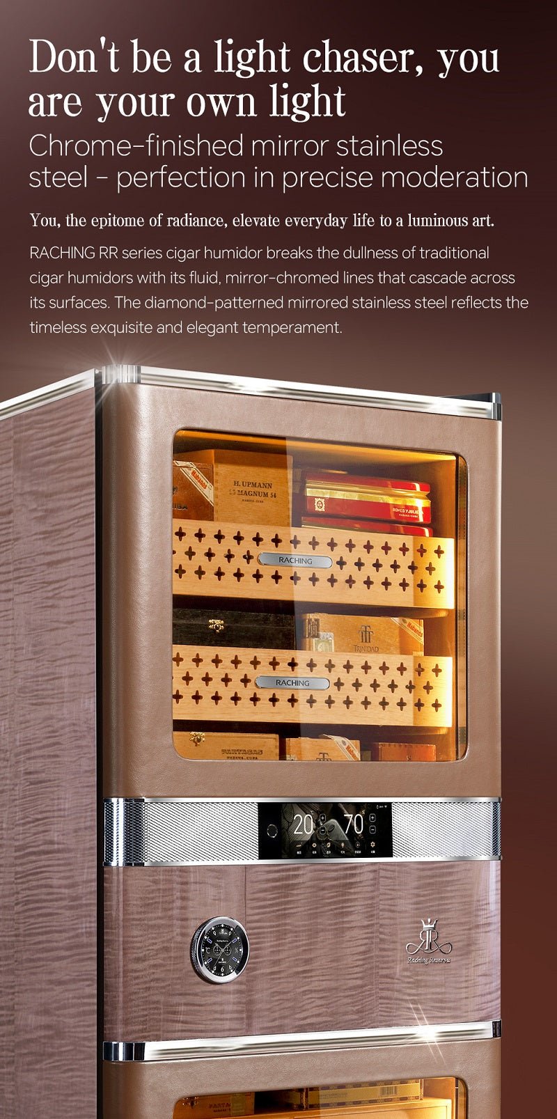 Chrome mirror stainless steel detail on the Raching RR980 cigar humidor