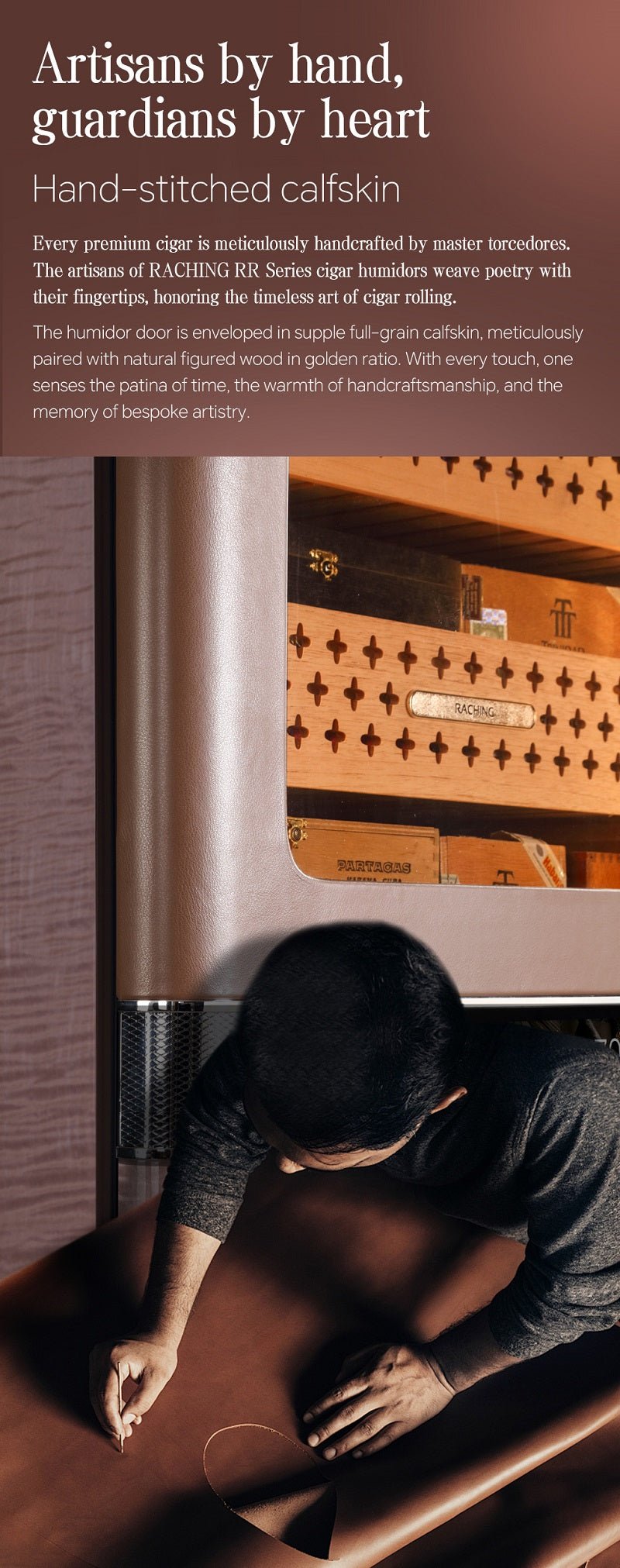 Hand-stitched calfskin on the Raching RR980 luxury cigar humidor