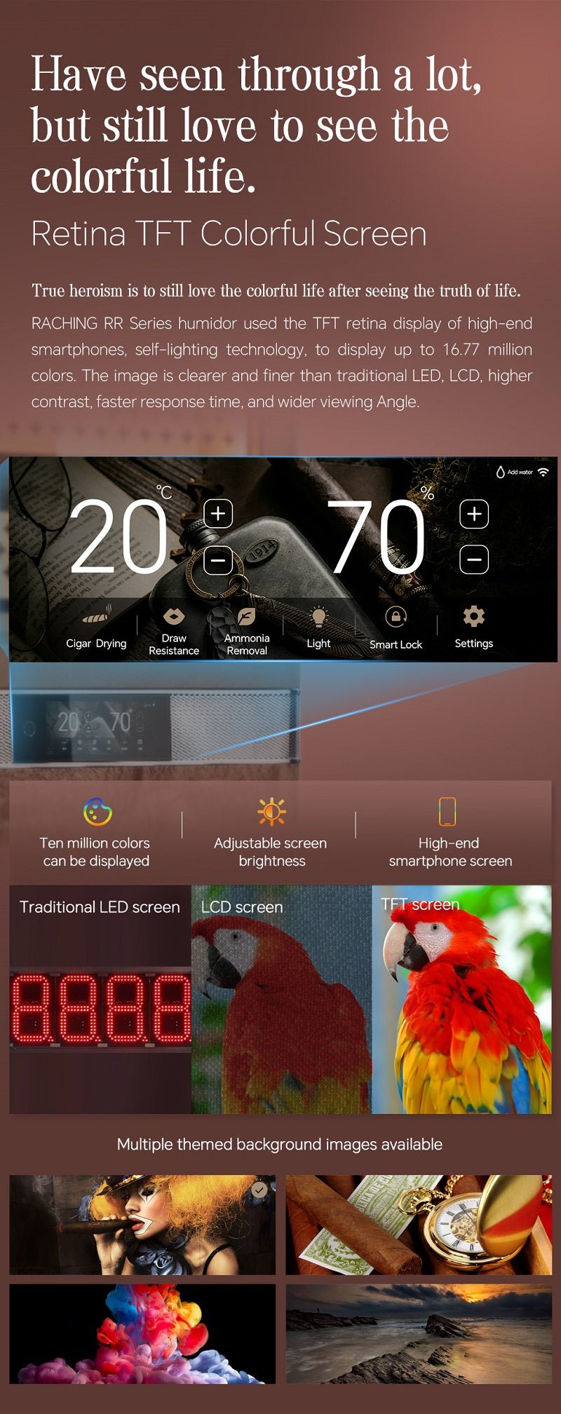 Retina TFT color screen on the Raching RR980 cigar humidor