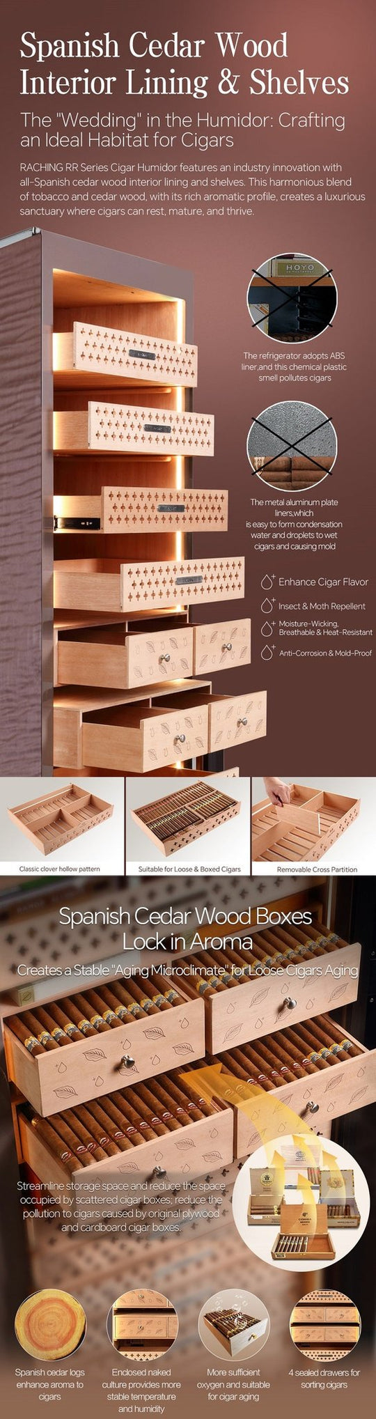 Spanish cedar wood interior lining and shelves in the Raching RR980 cigar humidor