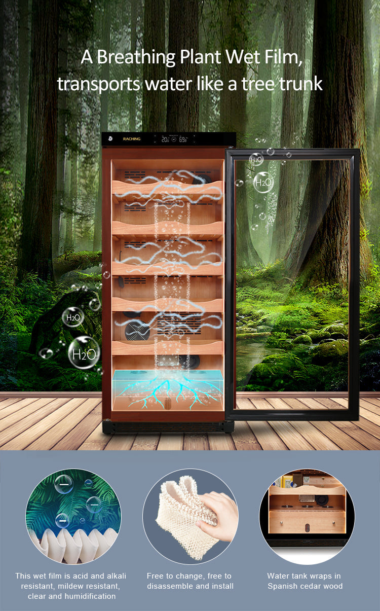 Breathing plant wet film humidification in the Raching C230A cigar humidor