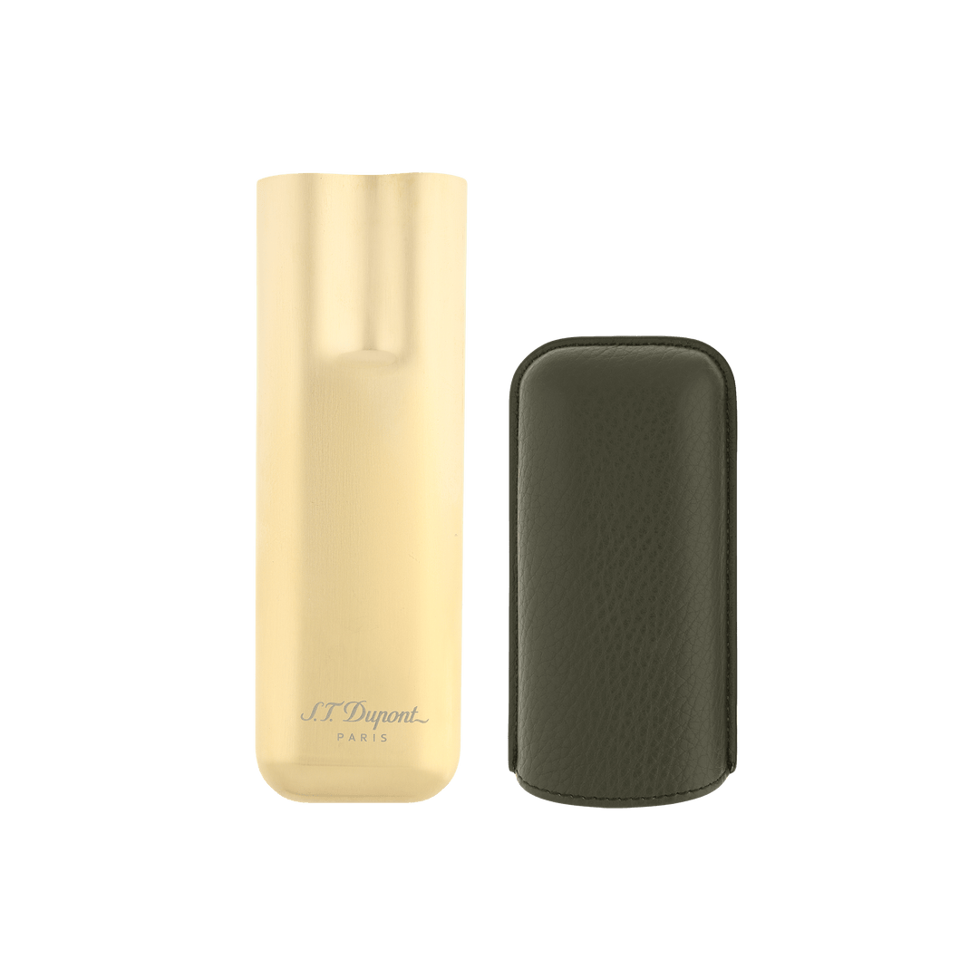 S.T. Dupont Two-Cigar Case Khaki Grain & Golden 3