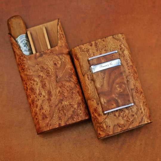 Brizard and Co - "Show Band" 3 Cigar Case - Carpathian Burl (Exotic Wood)