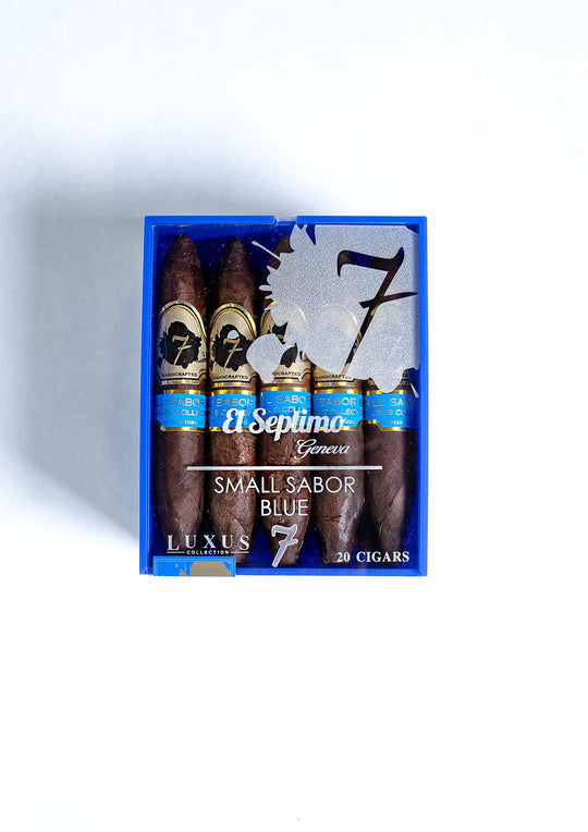 Clear and blue Box of El Septimo Small Sabor Blue cigars 