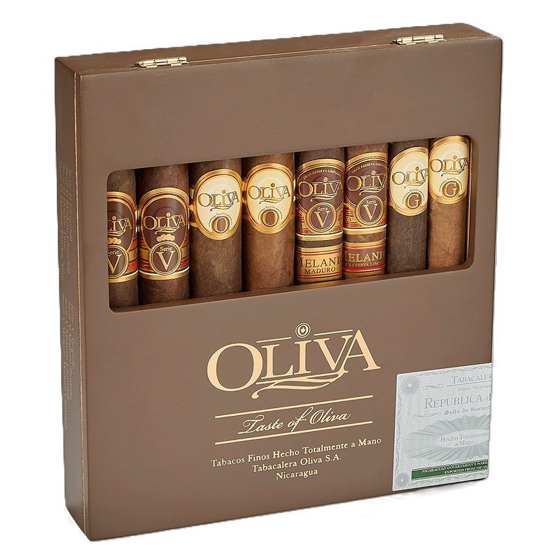 The Taste of Oliva Sampler is a brown box with gold letters that read, Oliva Taste of Oliva and it comes with 8 premium  Nicaraguan cigars available at Cigar Inc in Los Angeles.