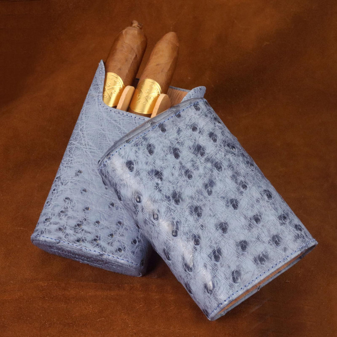 Brizard and Co - The "Show Band" 3 Cigar Case - "American Blue Jeans" Ostrich (Ostrich)